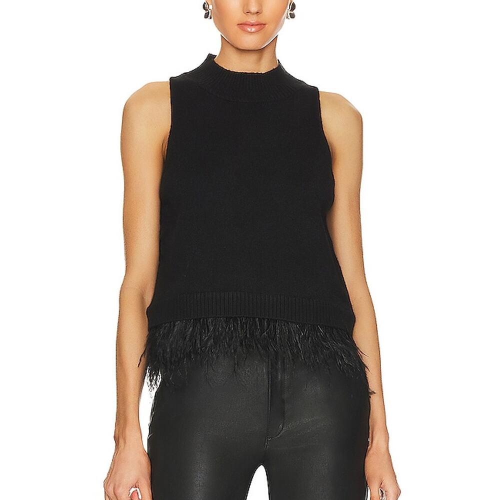 Central Park West Feather Trim Black Sunny Sweater Vest Size M